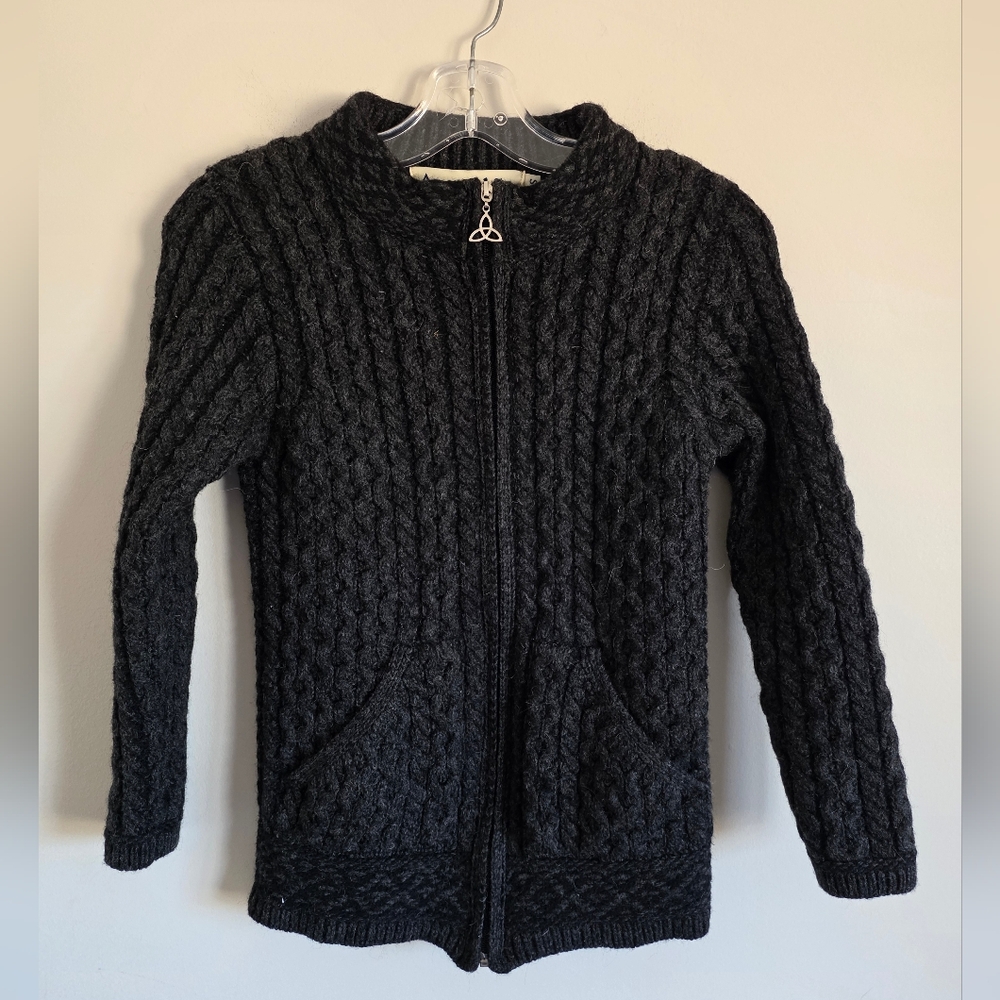 ARAN Crafts | Merino Wool Cable Knit Hooded Zip Sweater gray Irish Sz S